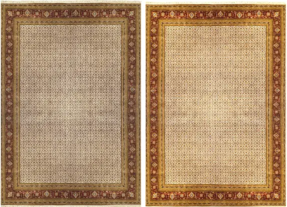 Before and after rug cleaning showing a large area rug restored from dull and dusty to brighter and more refreshed after deep cleaning