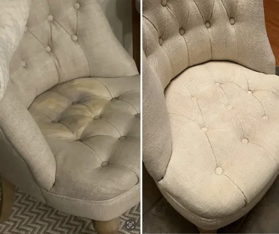 Carpet shampoo before and after showing upholstery stain removal and a refreshed fabric surface after professional shampoo cleaning