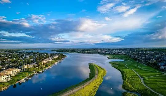 Aerial view of Chestermere city and lake,