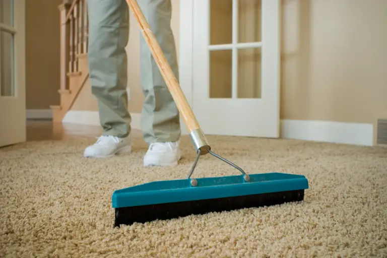 Technician grooming carpet fibres after professional carpet cleaning in Calgary
