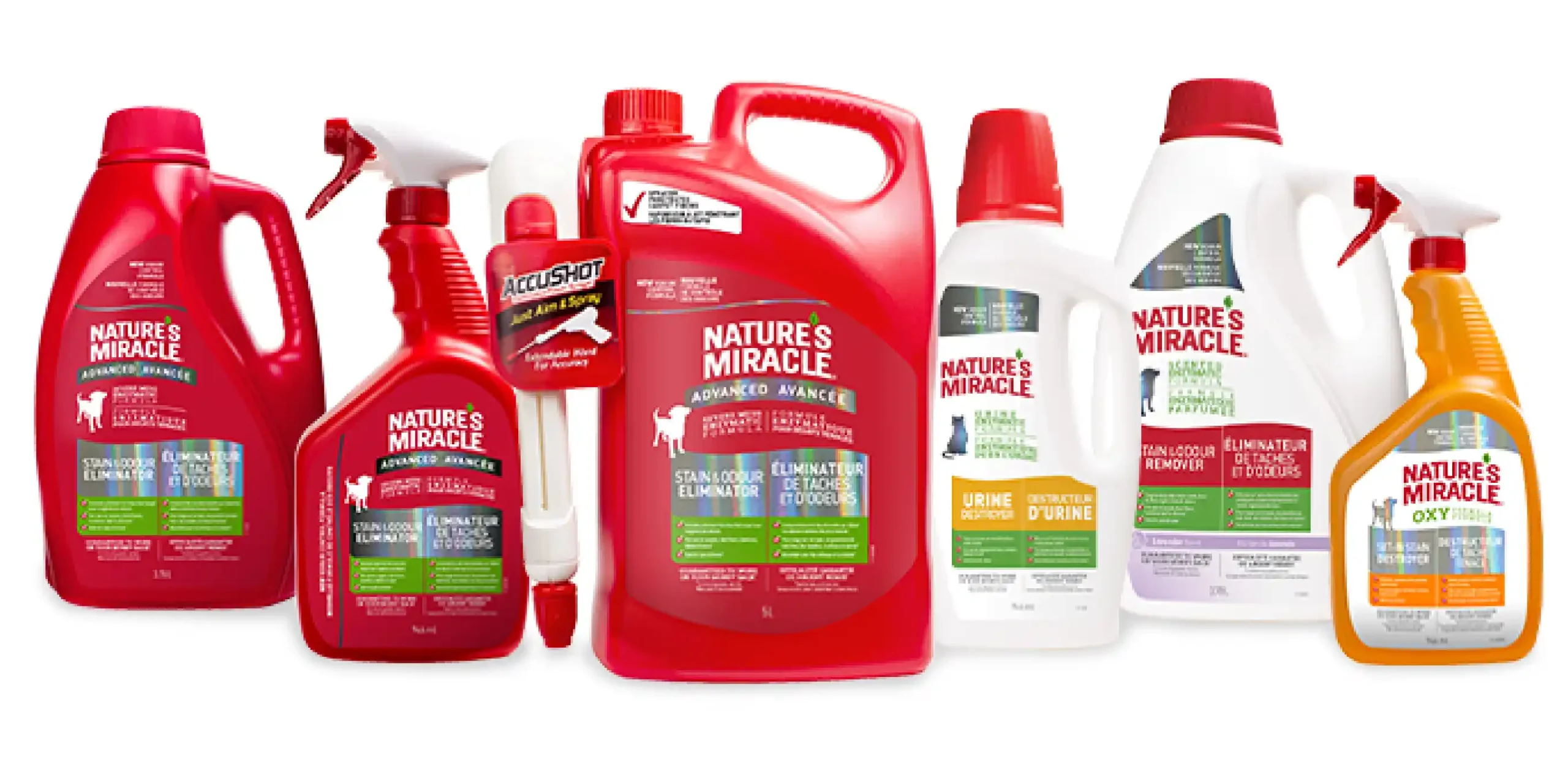 Nature’s Miracle laundry and pet odor remover products designed to eliminate urine smell from clothes and fabrics using enzyme-based cleaning solutions