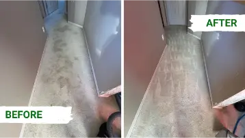Before and after carpet cleaning in hallway showing removal of heavy dirt and foot traffic stains in Mission Calgary