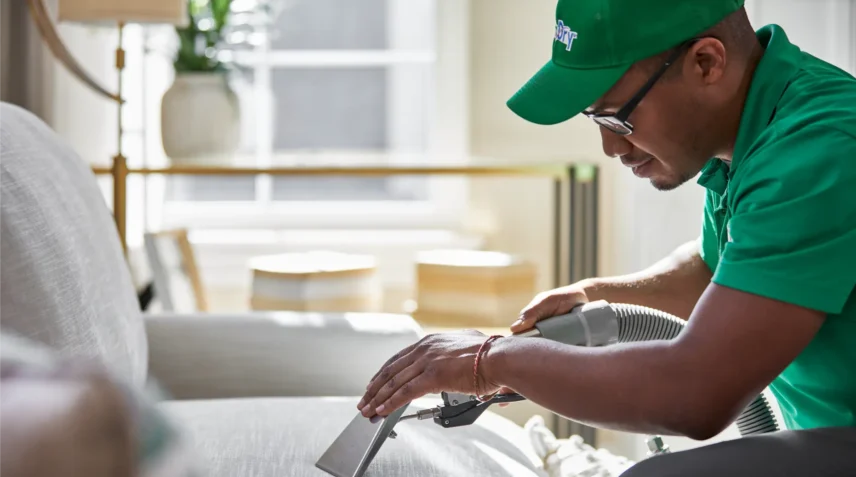 Professional technician using an upholstery cleaning machine to deep clean a sofa and remove dirt and stains from fabric furniture