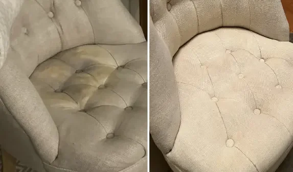 Before and after upholstery cleaning showing stained fabric chair restored to a clean and fresh condition