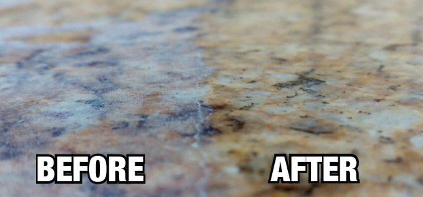 Before and after results using an upholstery cleaning machine showing deep stain removal and restored surface cleanliness