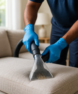 Cleaning services Cochrane technician deep cleaning a sofa cushion with professional upholstery cleaning equipment