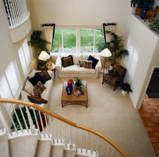 LivingRoomcleainigservices Clean beige carpet in a bright, spacious living room after professional carpet cleaning