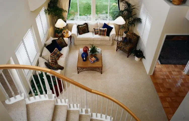 Bright residential living room with freshly cleaned carpets, showcasing professional cleaning services Chestermere for a comfortable home interior