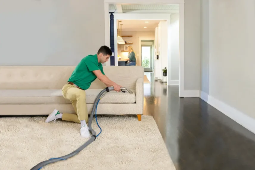 Professional technician cleaning a residential carpet beside a sofa using carpet cleaning equipment