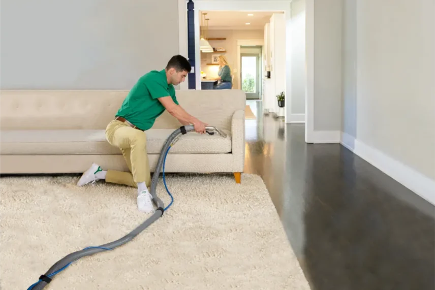 Professional technician cleaning a living room carpet near a sofa using deep-extraction equipment for a fresh, residue-free carpet shampoo clean.