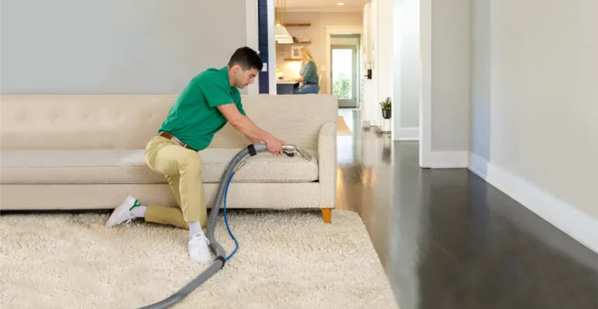 Professional technician cleaning a sofa and carpet using extraction equipment in a modern living room interior