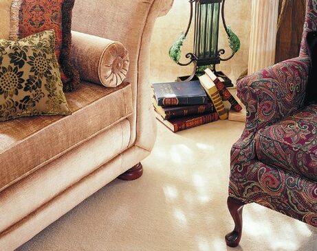 Elegant living room with upholstered sofa and patterned armchair, highlighting fabric furniture care and cleaning importance