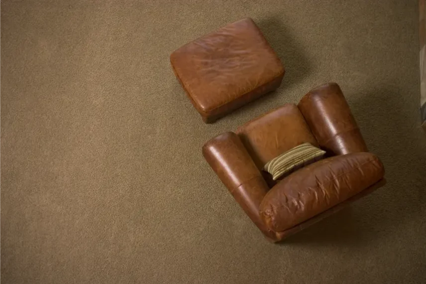 carpetandchair1 Top view of a brown leather armchair and ottoman on a clean carpet, illustrating professional upholstery and couch cleaning results