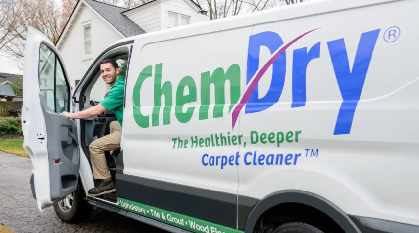 Eco Valley Chem-Dry technician arriving in Calgary to provide professional carpet cleaning services for homes