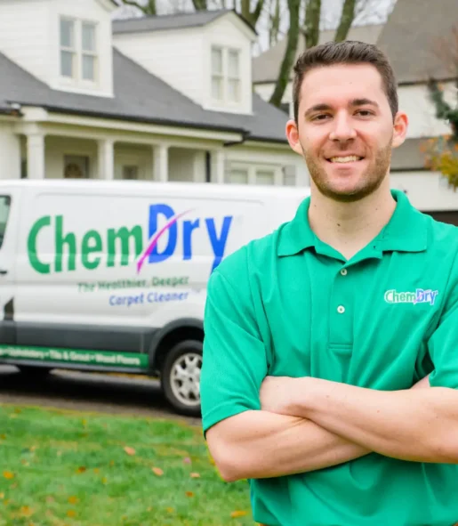 Eco Valley Chem-Dry carpet cleaning technician in Okotoks with branded service van