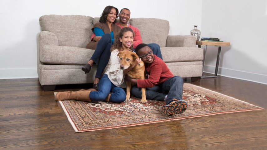 Family relaxing with their dog on a rug in a clean living room, representing a fresh and comfortable home after professional pet urine odour removal and carpet cleaning services